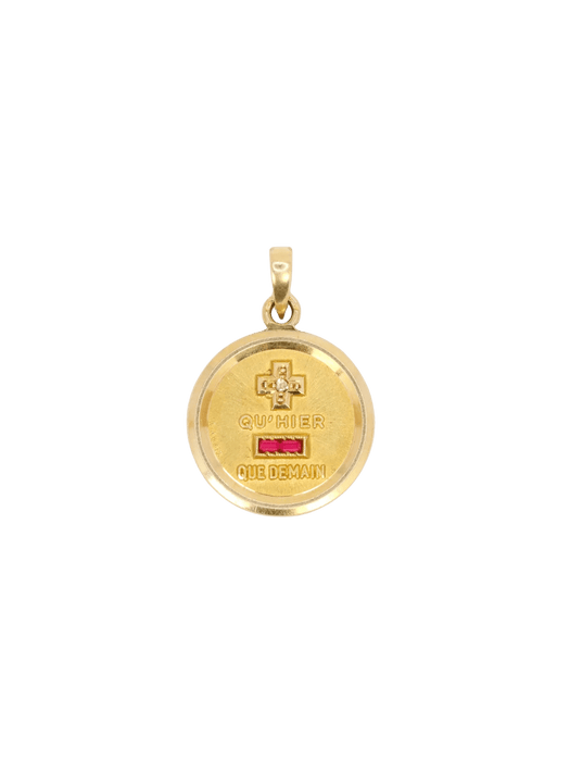 Pendentif AUGIS - Médaille amour ronde Plus qu'hier moins que demain or jaune diamant rubis 58 Facettes J629