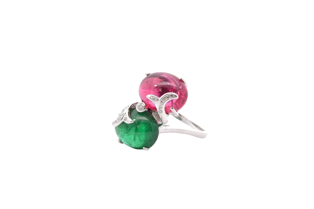 Bague or blanc tourmalines cabochons et diamants