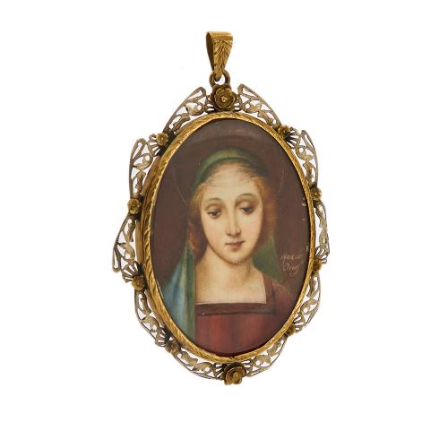 Pendentif Pendentif ovale Madonna peinte en or jaune 18 ct 58 Facettes 8229
