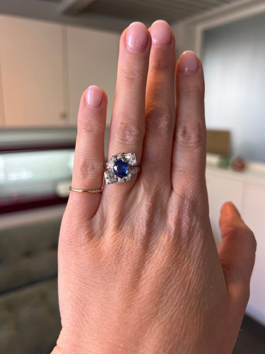 Bague 49 Art déco - Bague en platine avec saphir bleu et diamants 58 Facettes