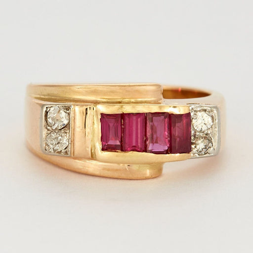 Ring Tank Ring - yellow gold, diamonds and synthetic rubies 58 Facettes DV2939-1