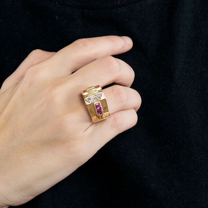 Bague Tank en or de trois couleurs, rubus de synthèse et diamants