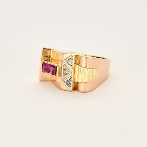 Bague 53 Bague Tank en or de trois couleurs, rubis de synthèse et diamants 58 Facettes DV0013-23-53-2