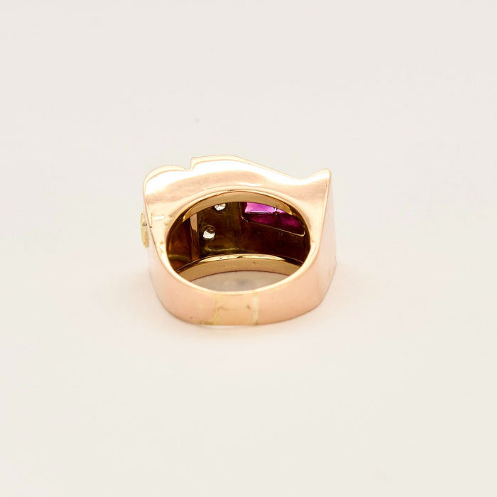 Bague Tank en or de trois couleurs, rubus de synthèse et diamants