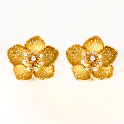 Boucles d'oreilles Parure florale - Broche et boucles d'oreilles or jaune, diamants 58 Facettes DV0843-1