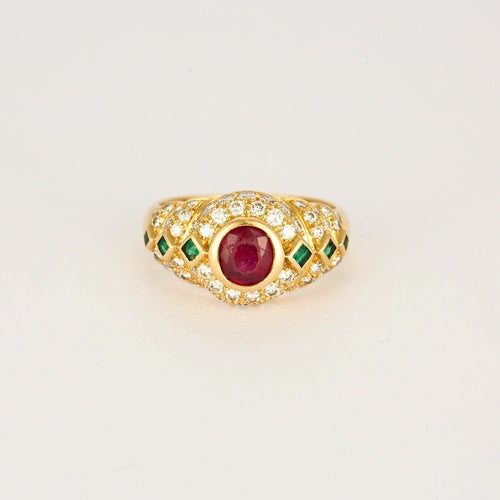 Bague 57 Bague godronnée en or jaune, diamants, émeraude et rubis synthétique 58 Facettes DV0915-1-57
