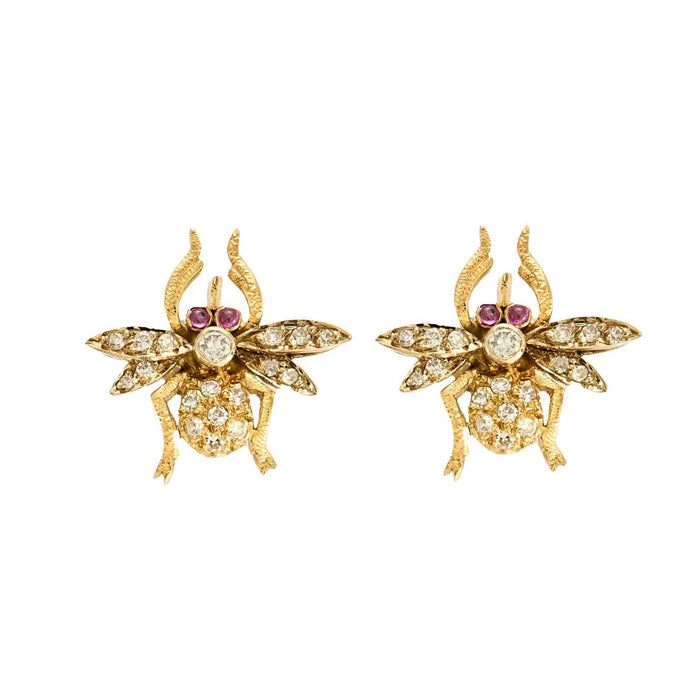 Boucles d'oreilles abeille, or jaune, rubis et diamants