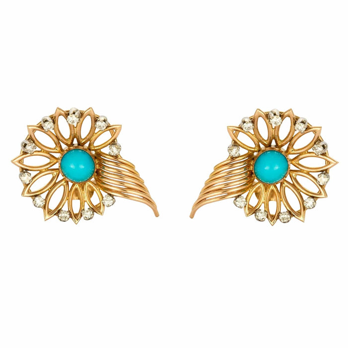 Boucles d'oreilles or jaune, Turquoise et diamants