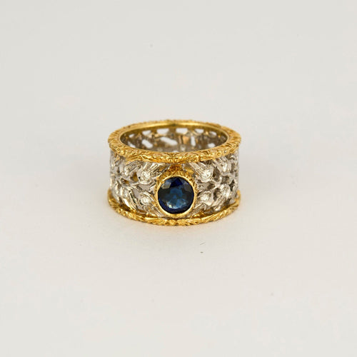 Bague 45.5 BUCCELLATI - Bague bandeau ciselée et ajourée à motif de dentelle en or jaune, blanc, diamants et saphir 58 Facettes DV4479-3-455-2