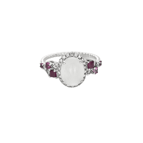 Bague 51 Bague en or blanc, pierre de lune, diamants et rubis 58 Facettes DV10549-6