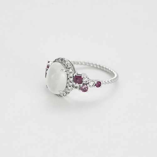 Bague 51 Bague en or blanc, pierre de lune, diamants et rubis 58 Facettes DV10549-6
