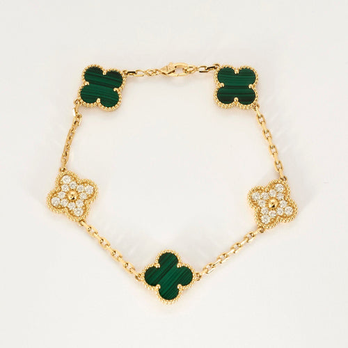 Bracelet VAN CLEEF & ARPELS - Bracelet Vintage Alhambra 5 motifs, or, diamants et malachite 58 Facettes DV0830-19