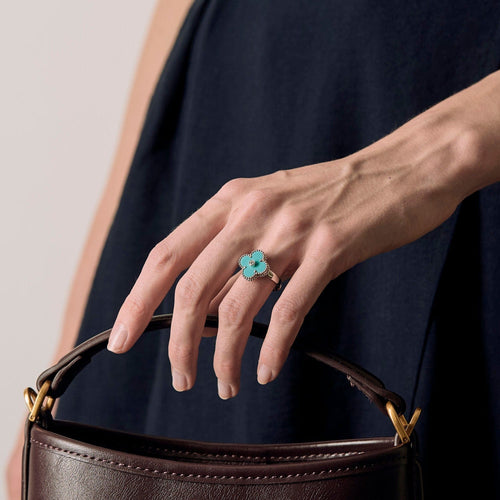 Bague 50 VAN CLEEF & ARPELS - Bague Vintage Alhambra or gris, turquoise et diamants 58 Facettes DV0830-22