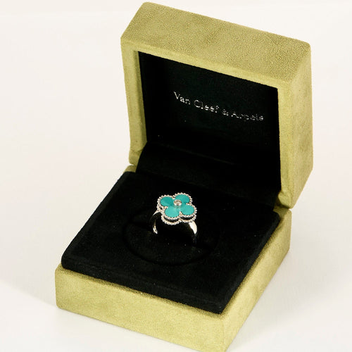 Bague 50 VAN CLEEF & ARPELS - Bague Vintage Alhambra or gris, turquoise et diamants 58 Facettes DV0830-22