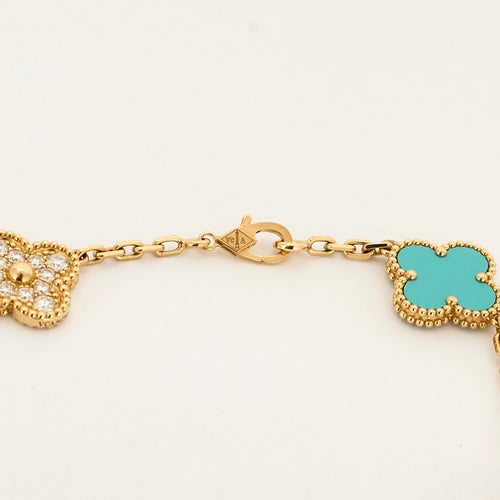 VAN CLEEF & ARPELS - Rare sautoir Vintage Alhambra en or jaune, turquoise et diamants