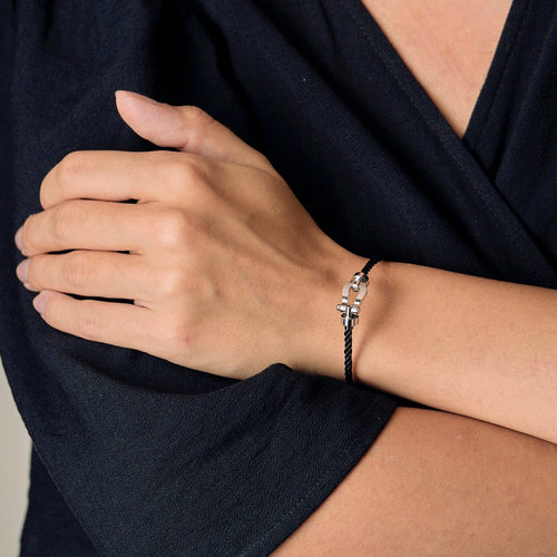 Bracelet FRED - FORCE 10 - Moyen  modèle - Bracelet en or blanc et cordon torsadé noir 58 Facettes DV18274-1