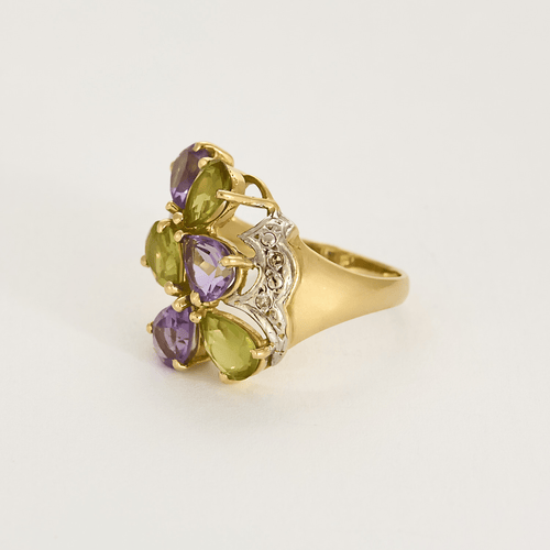Bague 53 Bague cocktail en or jaune et or gris, améthystes et péridots, diamants 58 Facettes DV11262-12
