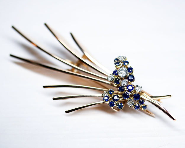 Broche Broche motif feuilles 1950 en or rose, saphirs et diamants 58 Facettes A11347