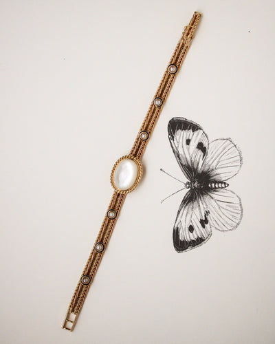 Bracelet Bracelet Napoléon III motif ovale en or jaune et pierre de lune, perles fines 58 Facettes A11948