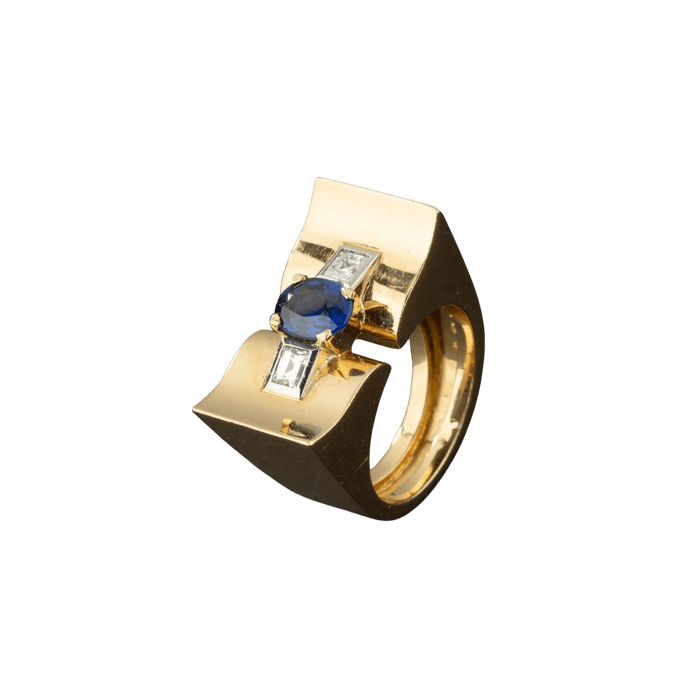 Bague 51 Bague tank en or 18K ornée d'un saphir et de diamants. 58 Facettes