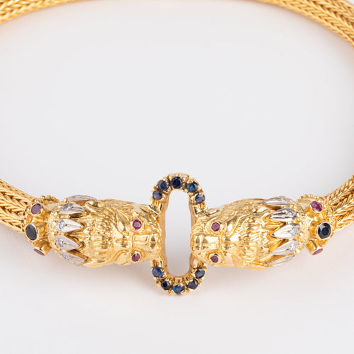 Collier Lalaounis - Collier rigide chimères en or jaune 18k, saphirs et rubis 58 Facettes 1