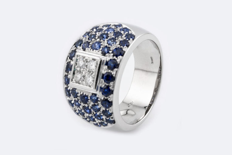 Bague Oro Bianco Bague bandeau en or blanc 18 ct avec diamants et saphirs 58 Facettes ANL921