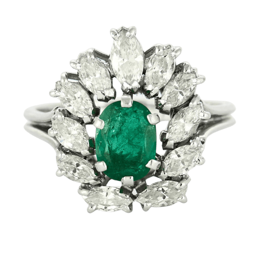 Bague Or Gris 18 Carats Avec Émeraude Et Diamants Baguettes - Taille Moderne