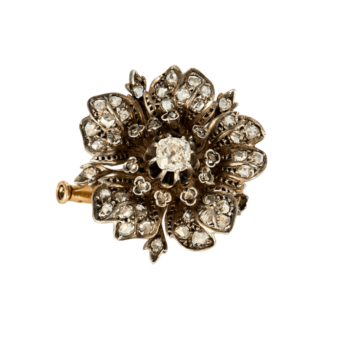 Broche Broche XIXe Eglantine Or, Argent, Diamants 58 Facettes