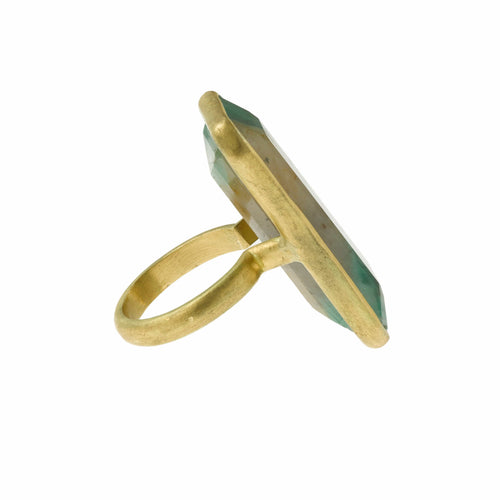 Bague 52 Bague rectangulaire en or jaune dépoli 18 carats avec émeraude quartz 58 Facettes B147