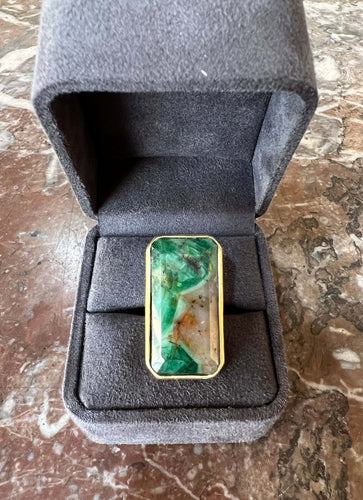Bague 52 Bague rectangulaire en or jaune dépoli 18 carats avec émeraude quartz 58 Facettes B147