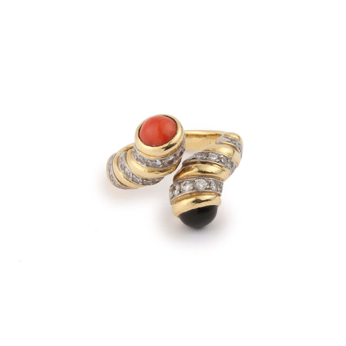 Bague 54 Kutchinsky - Bague Toi & Moi en or jaune 18 carats, corail, onyx et diamants 58 Facettes BS172