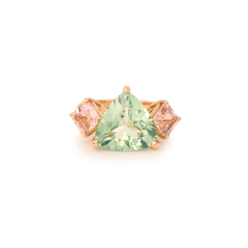 Bague 51 Bague trilogie - Béryl vert taille trillion et morganites en or rose 18 carats 58 Facettes B380