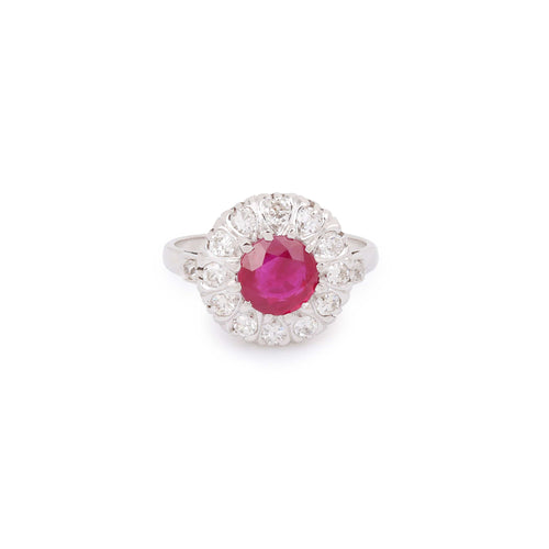 Bague 57 Bague marguerite - Rubis birman 2,01 ct et diamants en platine et or gris 18 carats 58 Facettes BRU55
