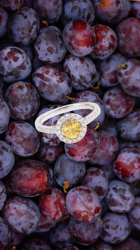 Bague 53 Bague marguerite - Saphir jaune et diamants en or gris 18 carats 58 Facettes B365