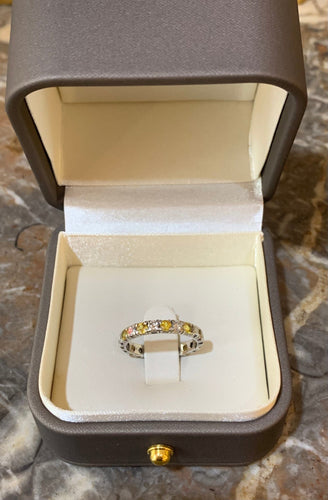 Bague 54 Alliance américaine tour complet en or gris 18 carats, saphirs jaunes et diamants 58 Facettes B387