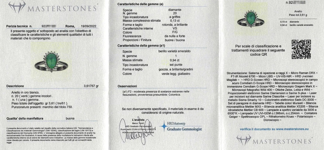 Bague 53 Bague en or blanc 18 ct avec émeraude de Colombie 0,94 ct et diamants 58 Facettes 7816