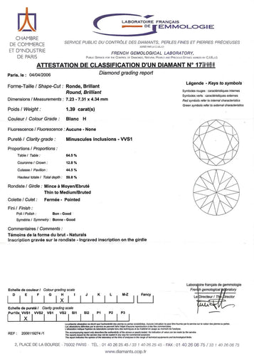 Anello in oro bianco con diamante centrale ct 1,39 e diamanti a contorno taglio baguette 58 Facettes 12970