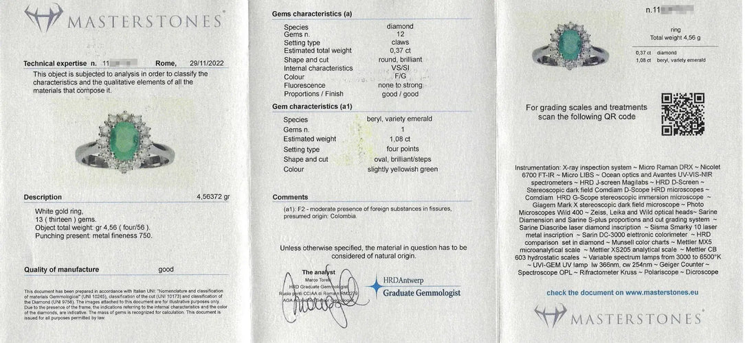 Bague 55 Bague en or blanc 18 ct avec émeraude de Colombie 1,08 ct et diamants 58 Facettes 9637