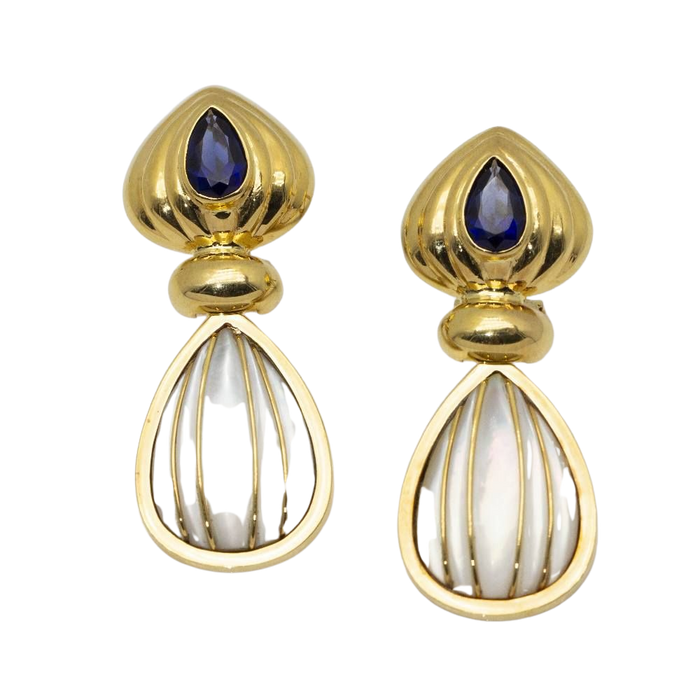 Earrings Mother of Pearl, sapphire, yellow gold