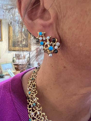 Boucles d'oreilles Gilbert Albert - Demi-parure collier plastron et clips d’oreilles en or jaune 58 Facettes BS153