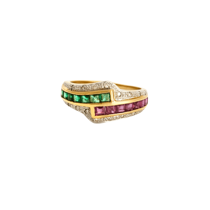 54 Bague cocktail or jaune et blanc émeraudes rubis et diamants 58 Facettes LP975/13