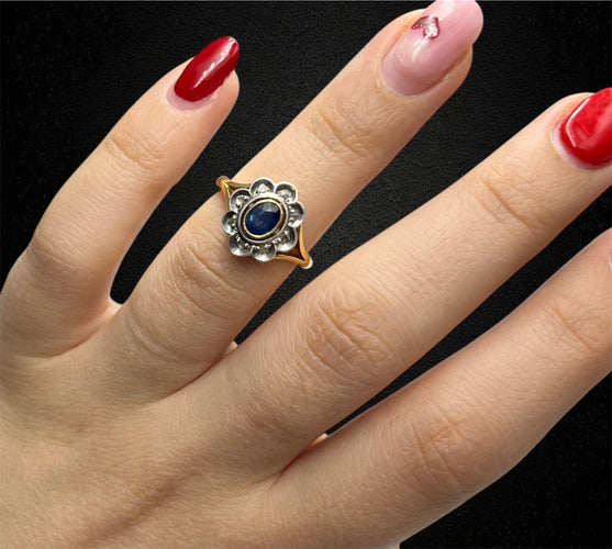 Bague Bague marguerite années 1930 en or jaune, saphir et diamants 58 Facettes