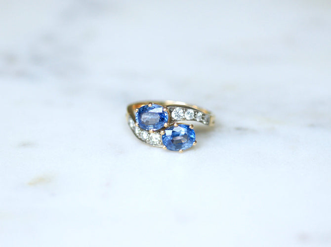Bague 57 Bague Toi et Moi en or jaune et blanc et saphirs de Ceylan 58 Facettes