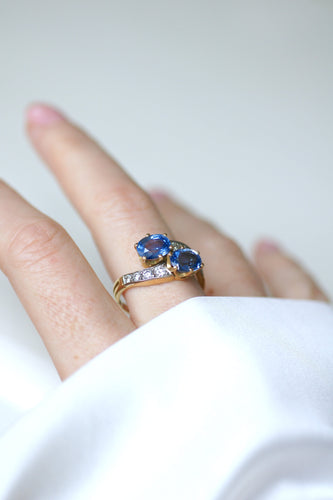 Bague 57 Bague Toi et Moi en or jaune et blanc et saphirs de Ceylan 58 Facettes