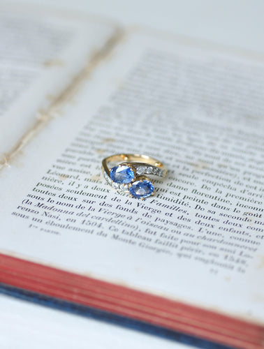 Bague 57 Bague Toi et Moi en or jaune et blanc et saphirs de Ceylan 58 Facettes