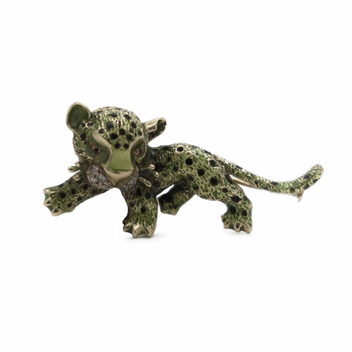 Broche Broche panthère en or jaune 18K émaillée, rubis et diamants 58 Facettes REF2311