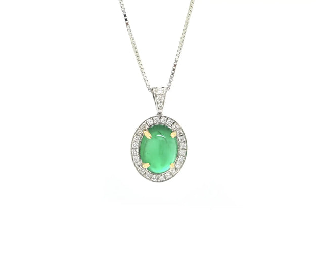 Collana in oro bianco con smeraldo cabochon ct 1,78 e diamanti 58 Facettes 14534