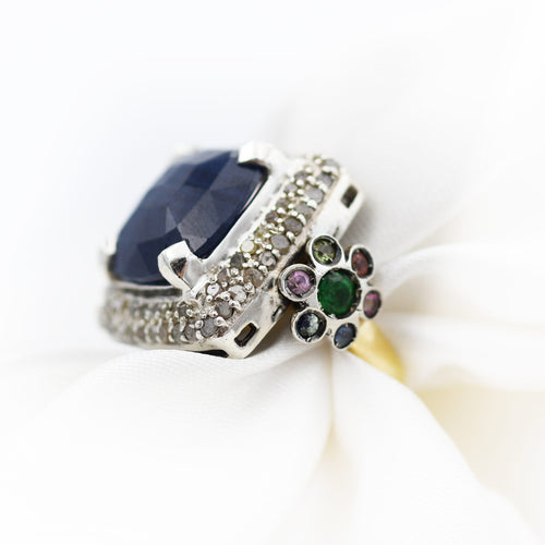 Anello Squadrato in Oro 8 Carati e Argento con Lapis e Diamanti Rosetta 0,80 ct 58 Facettes 22304
