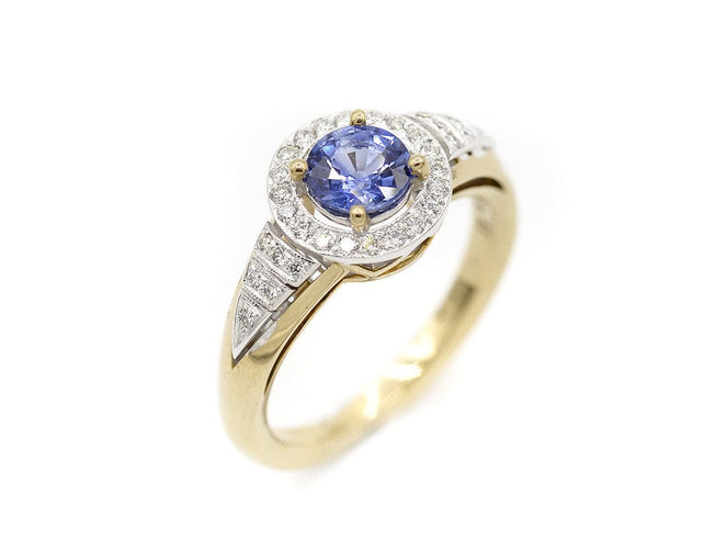 Bague 52 Bague « Saphir entouré » en or jaune et or blanc, saphir et diamants 58 Facettes F1343