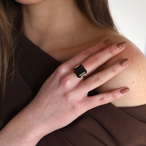 Bague 54 Bague vintage en or jaune 14k avec quartz fumé 58 Facettes 2512029